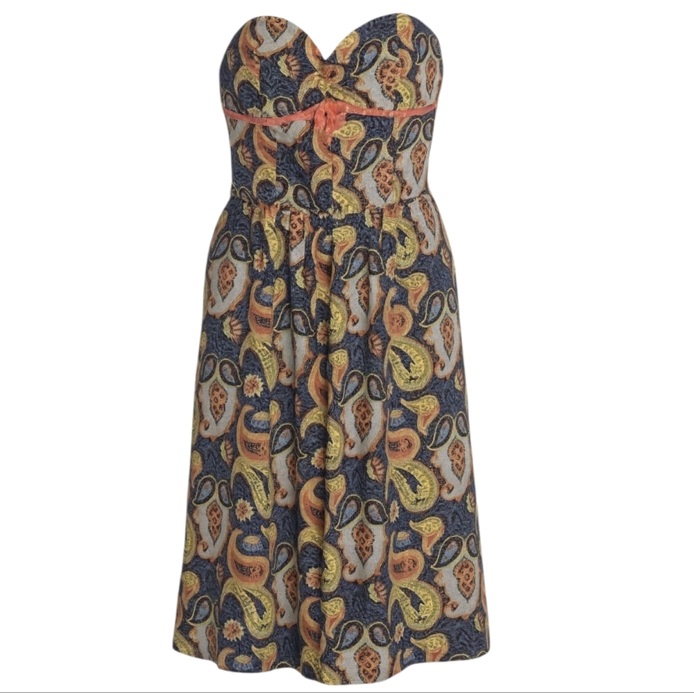Phoebe Strapless Sweetheart Paisley Print Blue Silk Dress Size 6